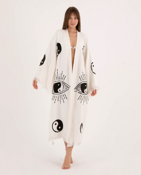 Spiritual Patterned Cozy Kimono - Stylish Kimono with Eye and Yin Yang Symbols