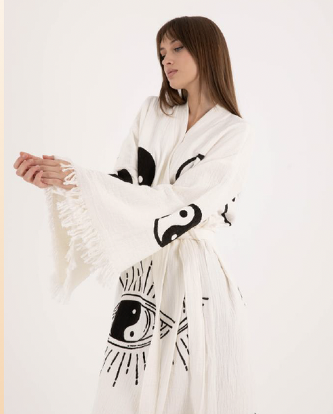 Spiritual Patterned Cozy Kimono - Stylish Kimono with Eye and Yin Yang Symbols