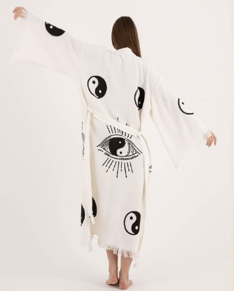 Spiritual Patterned Cozy Kimono - Stylish Kimono with Eye and Yin Yang Symbols