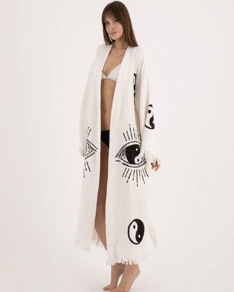 Spiritual Patterned Cozy Kimono - Stylish Kimono with Eye and Yin Yang Symbols