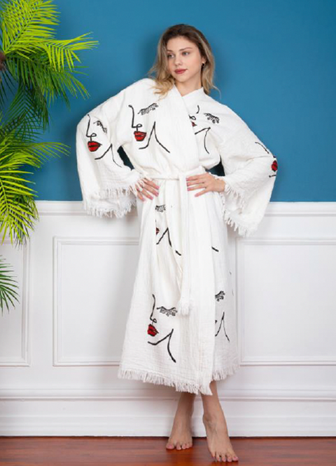 Luxury Art-Inspired Kimono with Unique Face Embroidery and Fringe