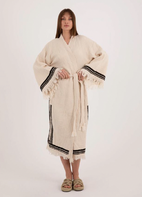 Elegant Handwoven Kimono Robe with Fringe and Geometric Patterns