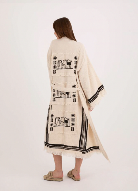 Elegant Handwoven Kimono Robe with Fringe and Geometric Patterns