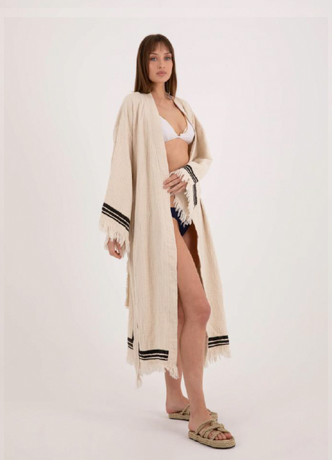 Elegant Handwoven Kimono Robe with Fringe and Geometric Patterns